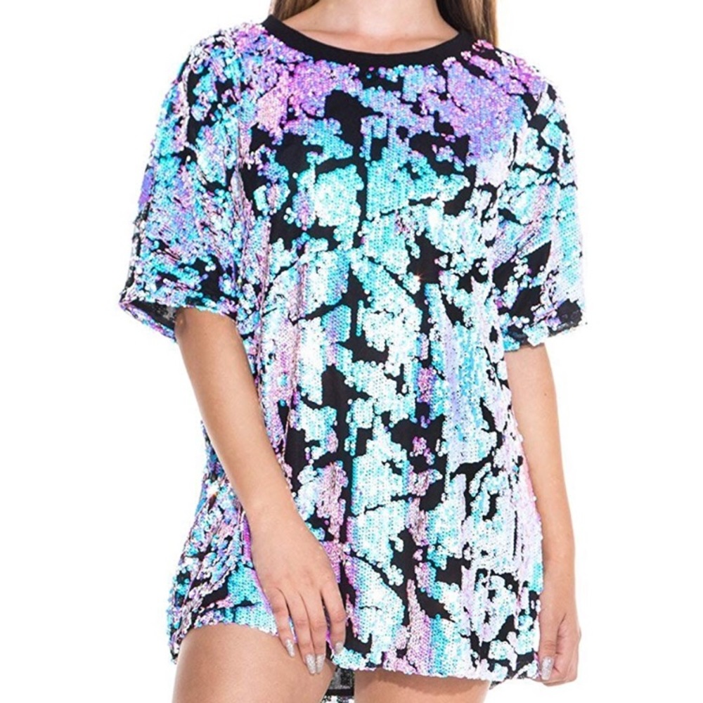 XL iHeartRaves Colorful Sequin Loose Oversized Tee